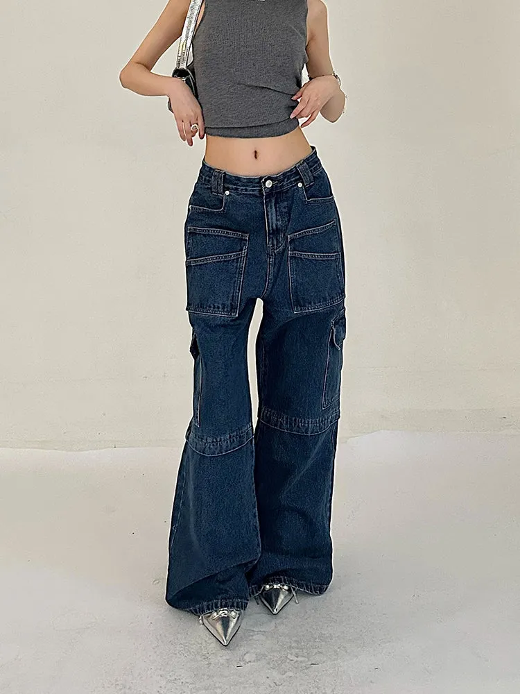 Cherie Denim High Waist Patchwork Multi-Pocket Straight Leg Cargo Jeans Pants