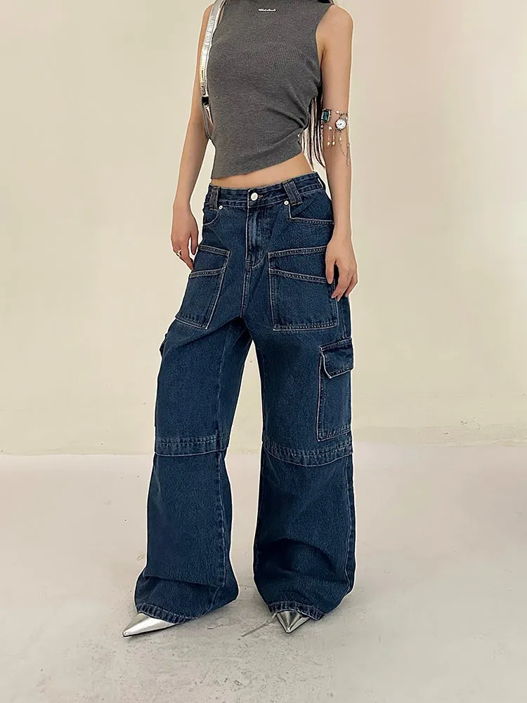 Cherie Denim High Waist Patchwork Multi-Pocket Straight Leg Cargo Jeans Pants