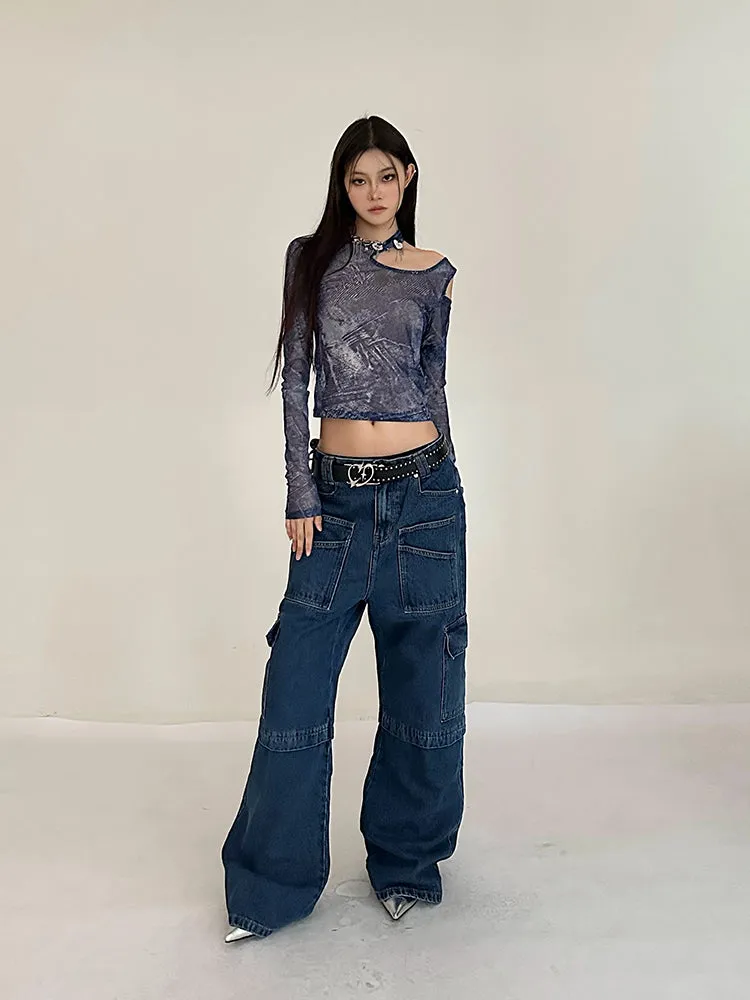 Cherie Denim High Waist Patchwork Multi-Pocket Straight Leg Cargo Jeans Pants