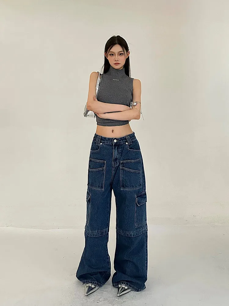 Cherie Denim High Waist Patchwork Multi-Pocket Straight Leg Cargo Jeans Pants