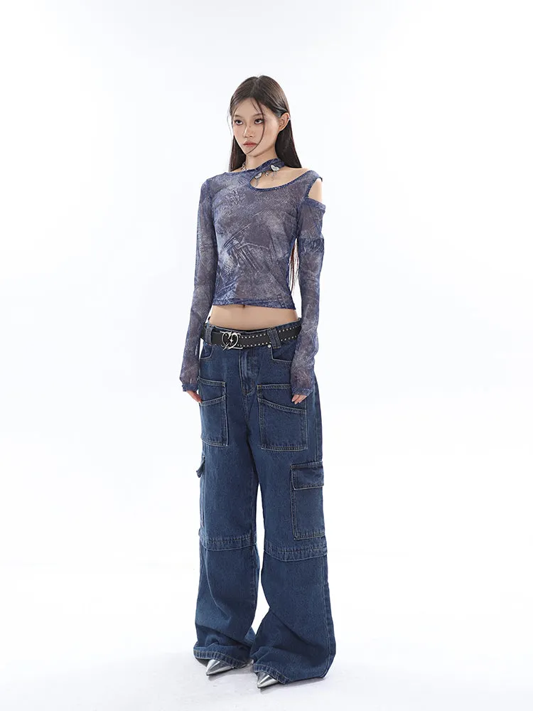 Cherie Denim High Waist Patchwork Multi-Pocket Straight Leg Cargo Jeans Pants