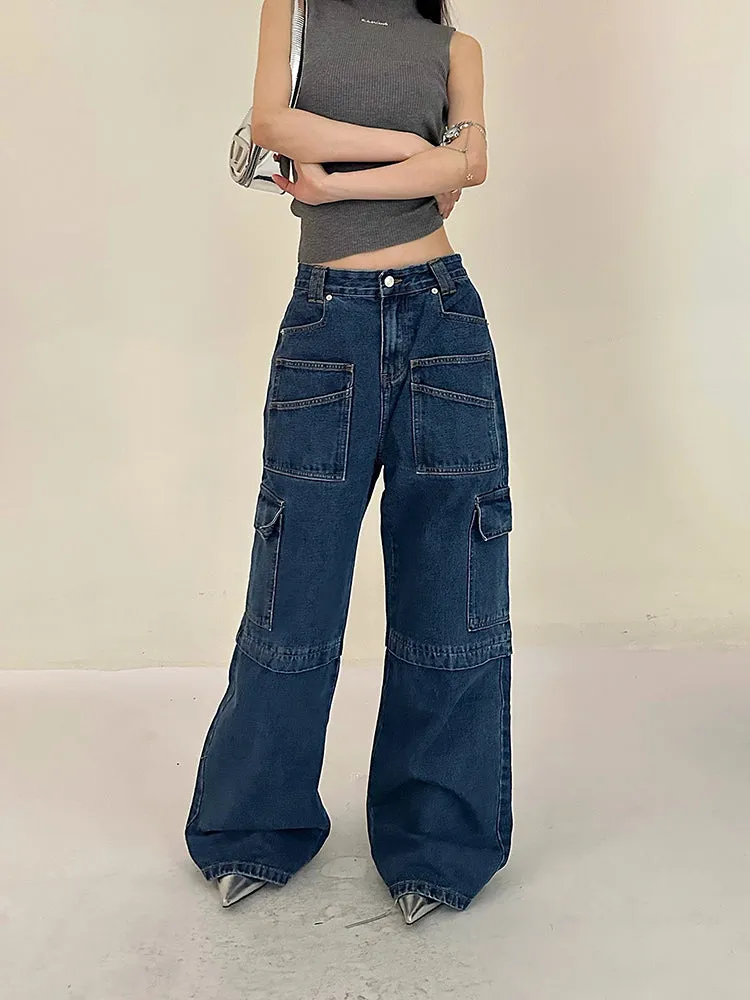 Cherie Denim High Waist Patchwork Multi-Pocket Straight Leg Cargo Jeans Pants