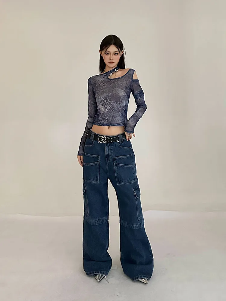 Cherie Denim High Waist Patchwork Multi-Pocket Straight Leg Cargo Jeans Pants