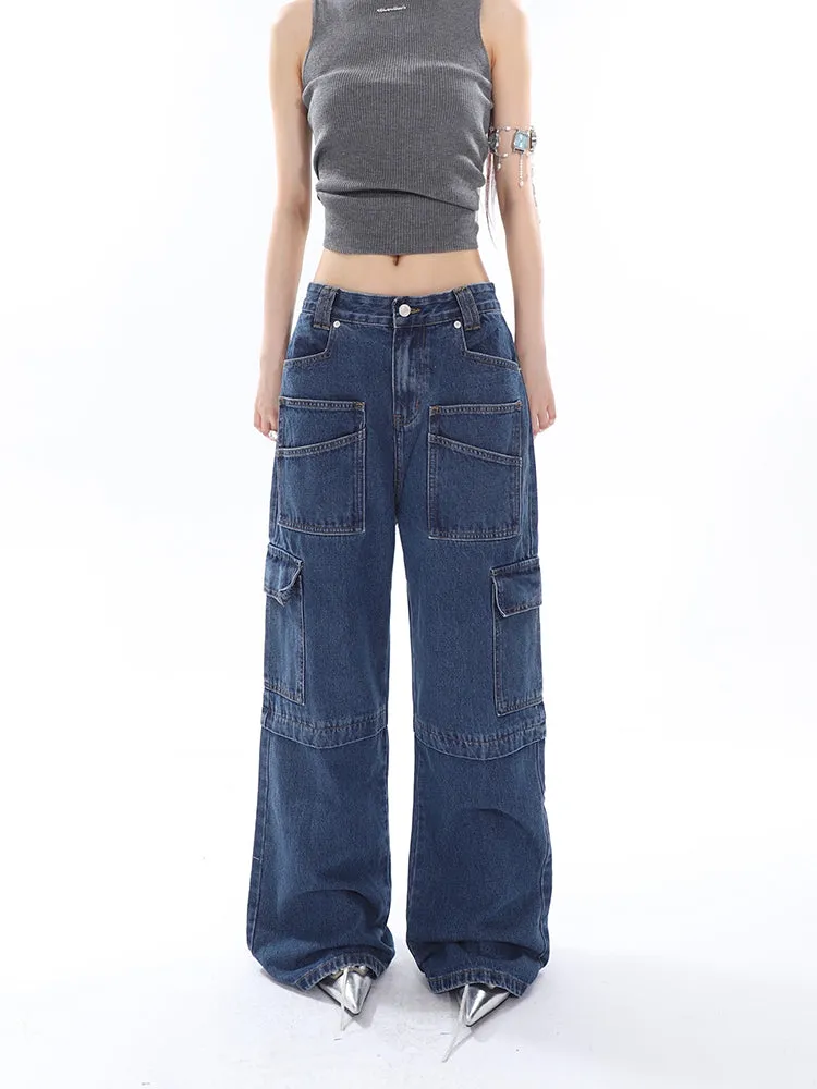 Cherie Denim High Waist Patchwork Multi-Pocket Straight Leg Cargo Jeans Pants