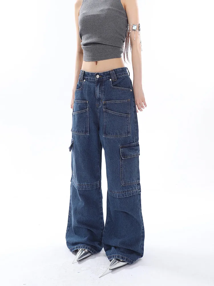 Cherie Denim High Waist Patchwork Multi-Pocket Straight Leg Cargo Jeans Pants