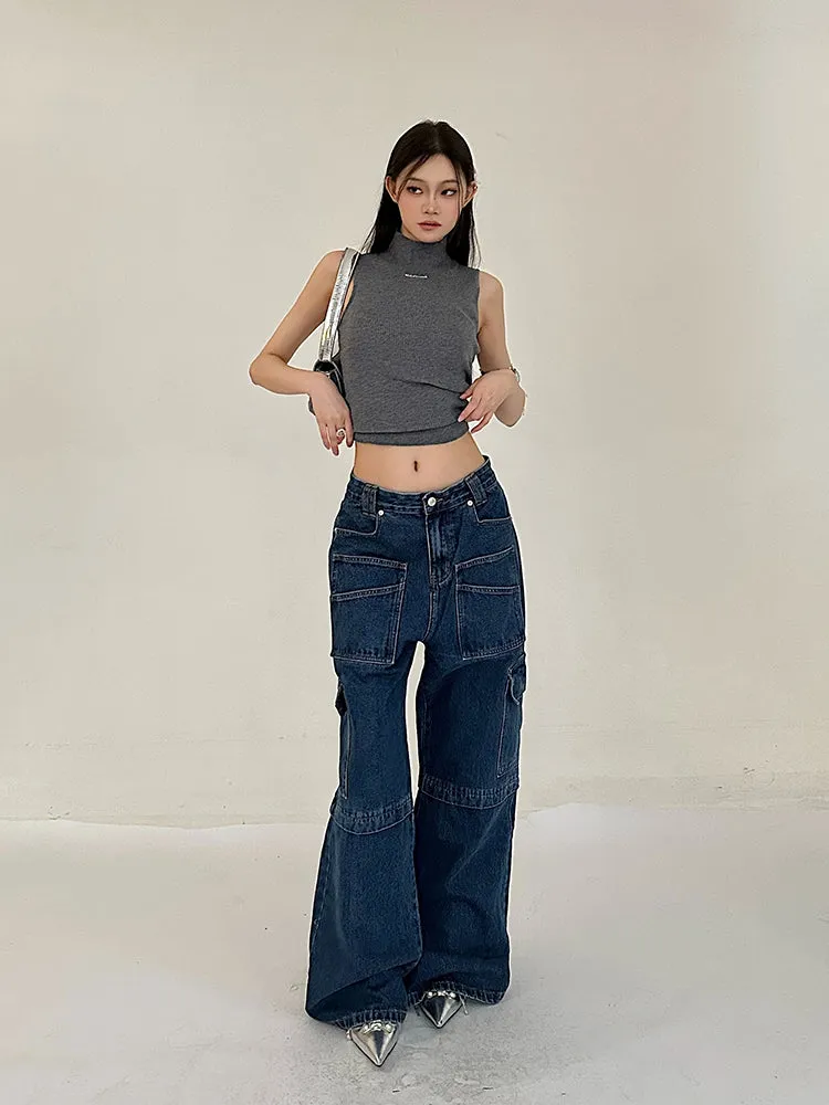 Cherie Denim High Waist Patchwork Multi-Pocket Straight Leg Cargo Jeans Pants