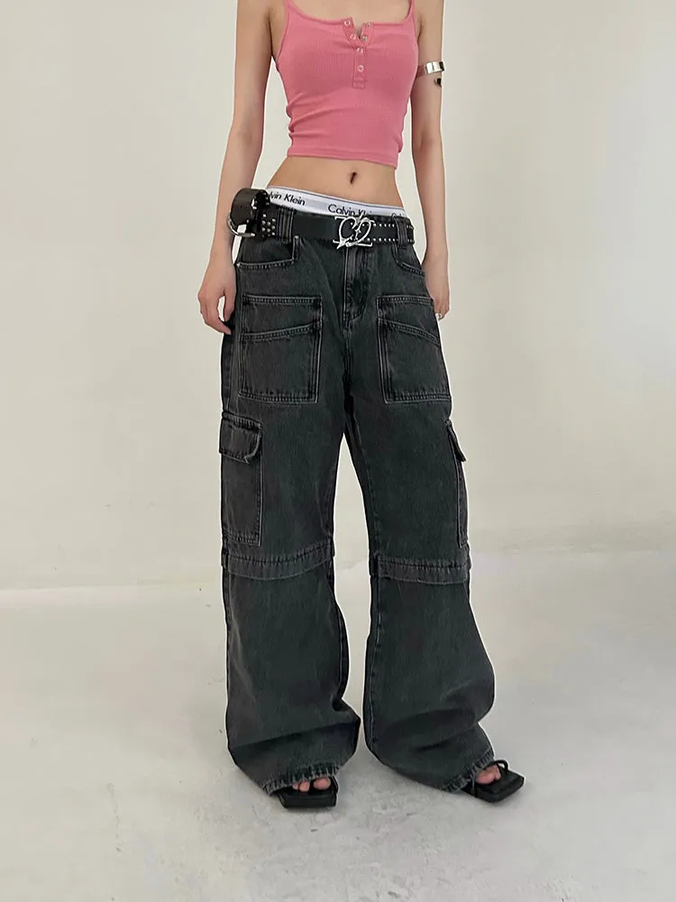 Cherie Denim High Waist Patchwork Multi-Pocket Straight Leg Cargo Jeans Pants