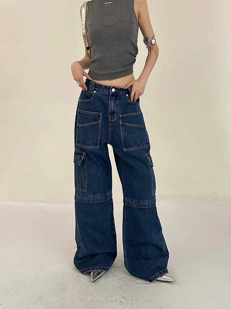 Cherie Denim High Waist Patchwork Multi-Pocket Straight Leg Cargo Jeans Pants