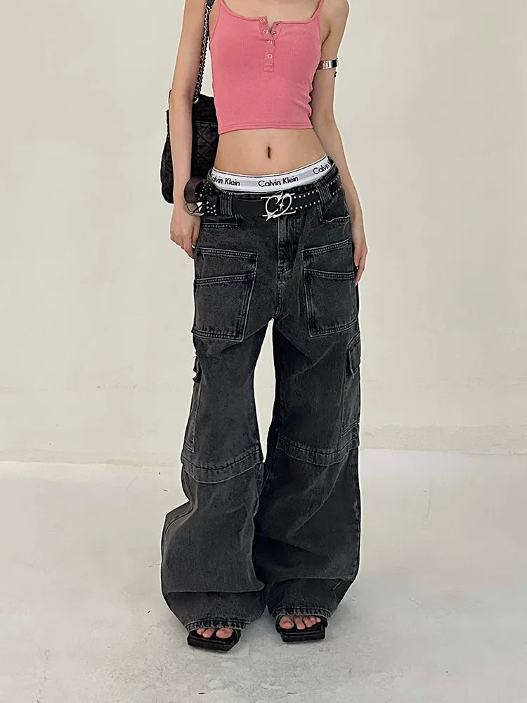 Cherie Denim High Waist Patchwork Multi-Pocket Straight Leg Cargo Jeans Pants