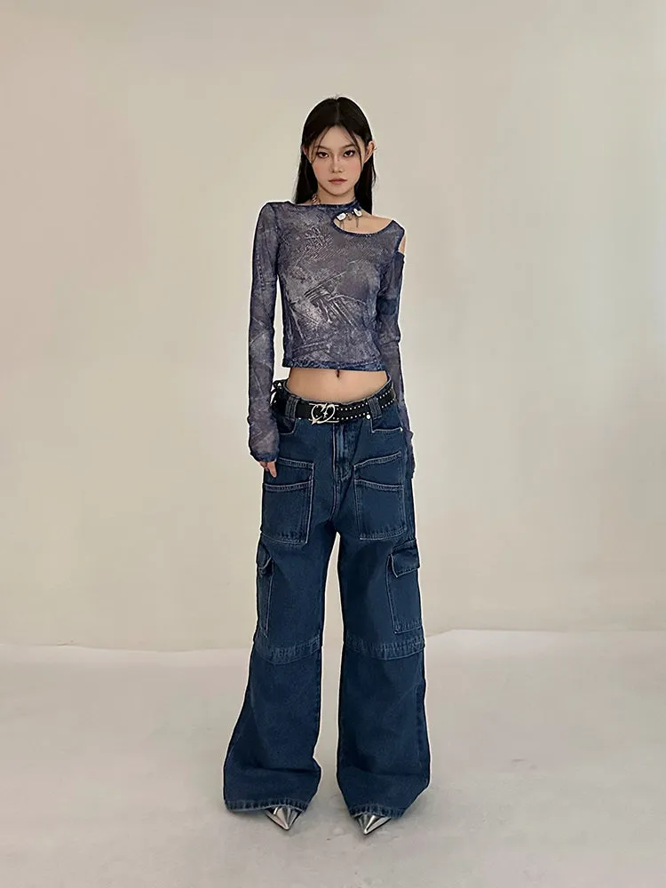 Cherie Denim High Waist Patchwork Multi-Pocket Straight Leg Cargo Jeans Pants