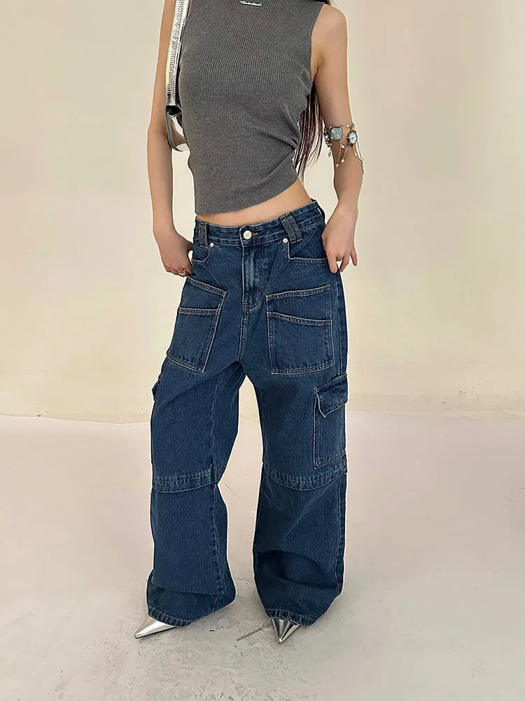 Cherie Denim High Waist Patchwork Multi-Pocket Straight Leg Cargo Jeans Pants