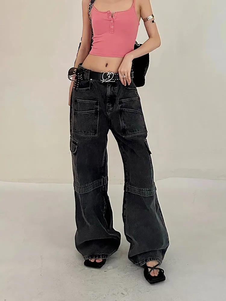 Cherie Denim High Waist Patchwork Multi-Pocket Straight Leg Cargo Jeans Pants