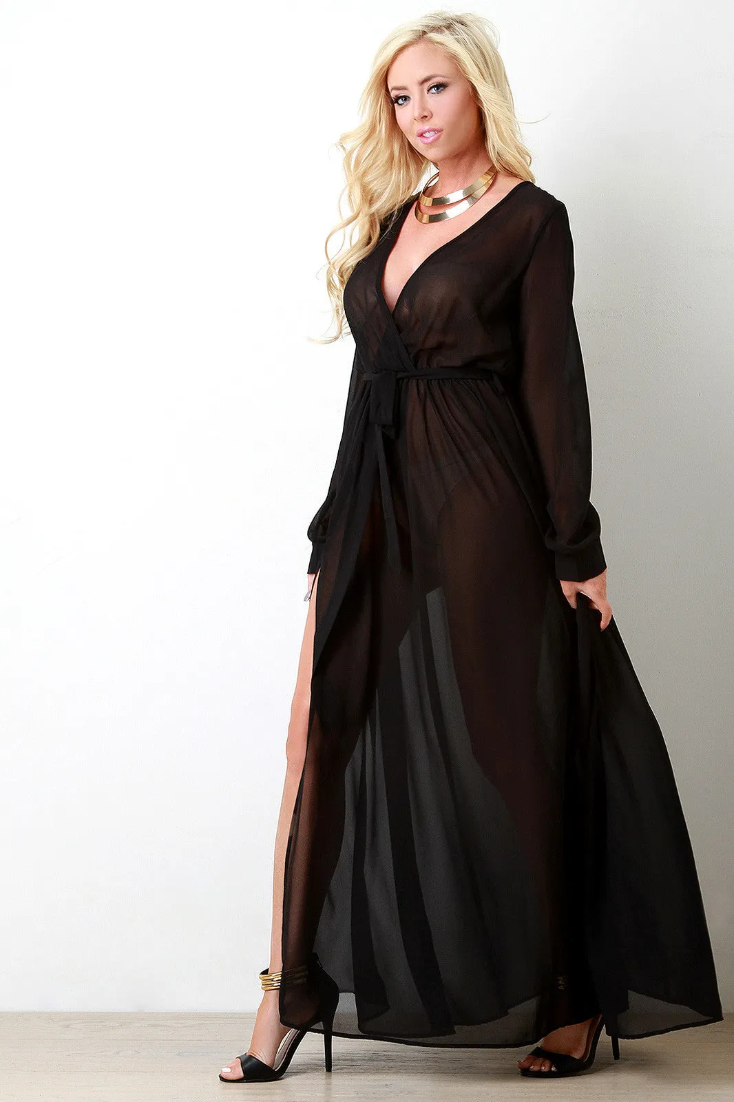 Chiffon Surplice Wrap Front Slit Maxi Dress