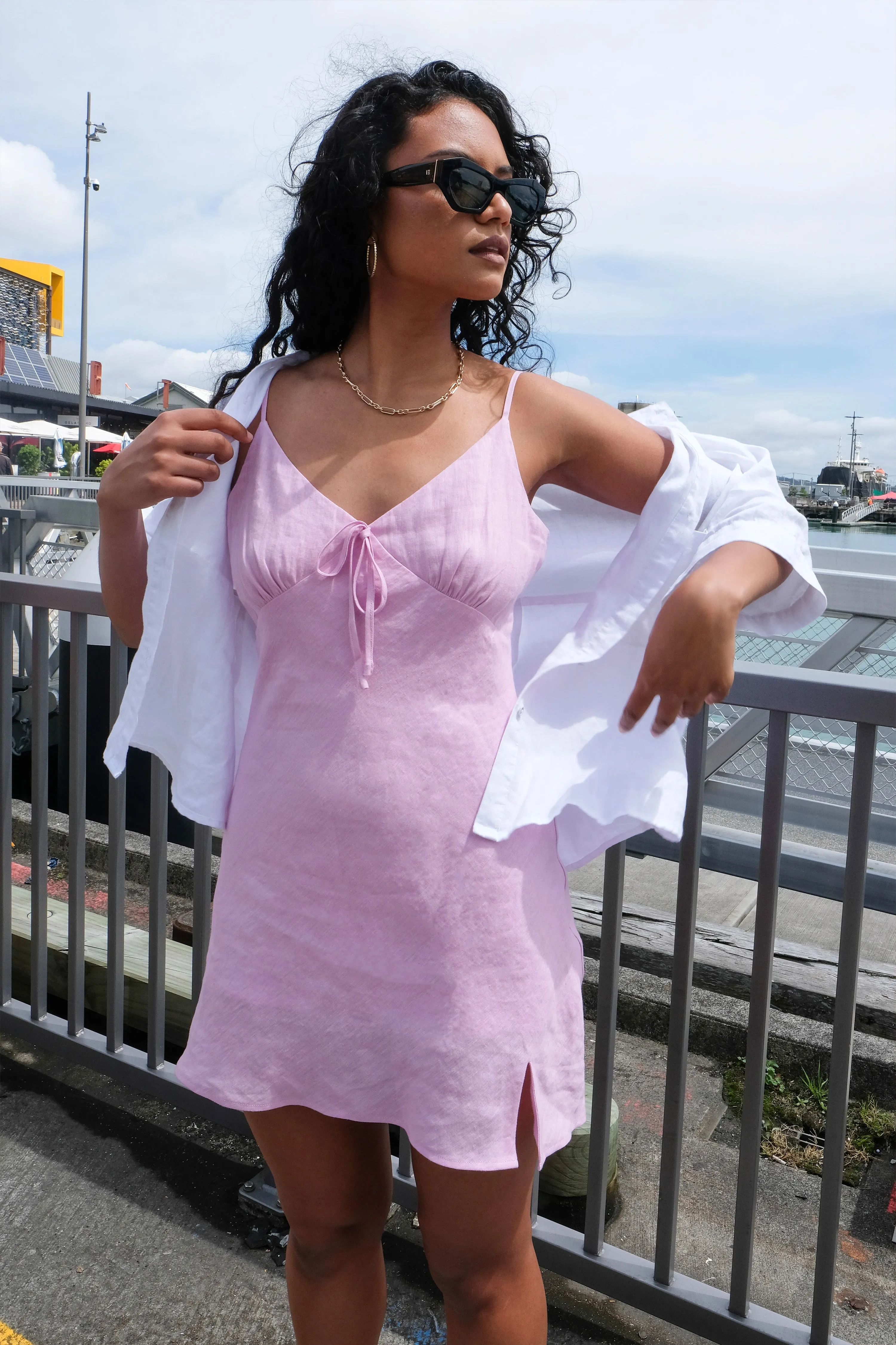 City Lilac Linen Strappy Mini Dress