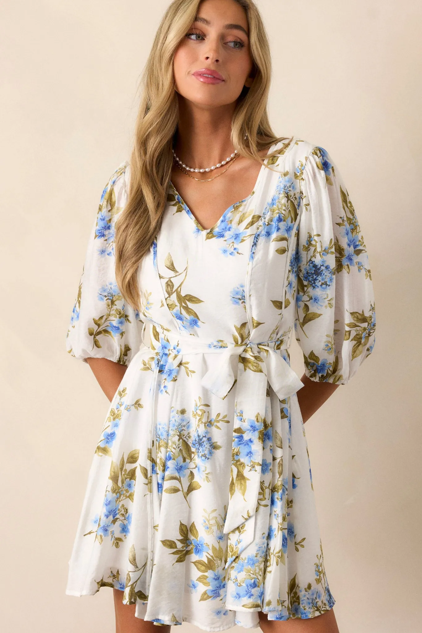 Cobalt Cosmos Blue Floral Quarter Sleeve Mini Dress