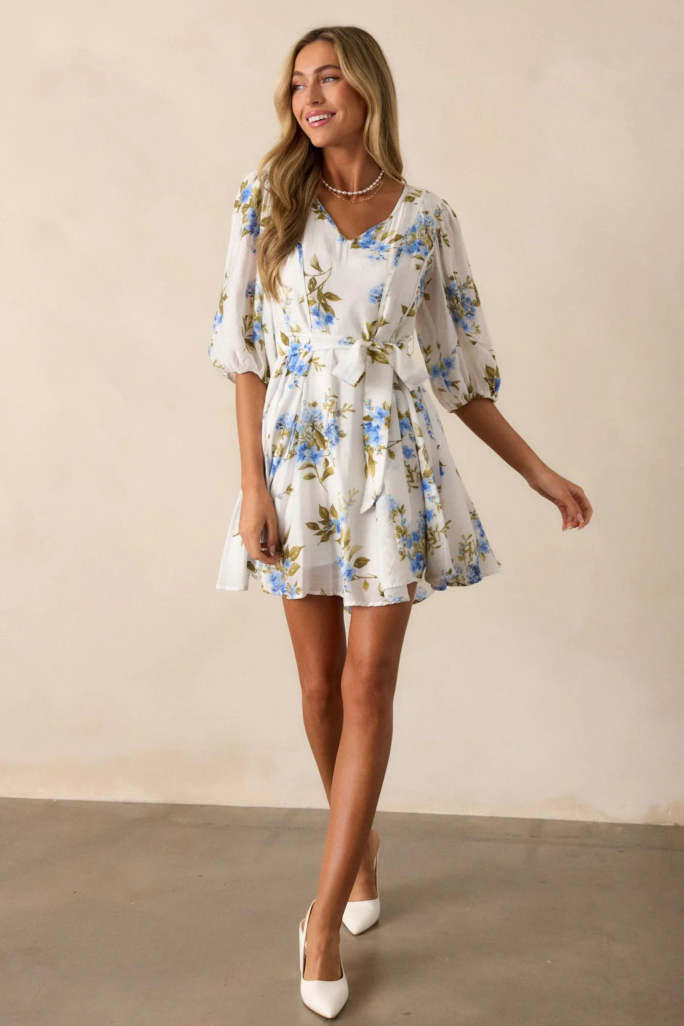 Cobalt Cosmos Blue Floral Quarter Sleeve Mini Dress