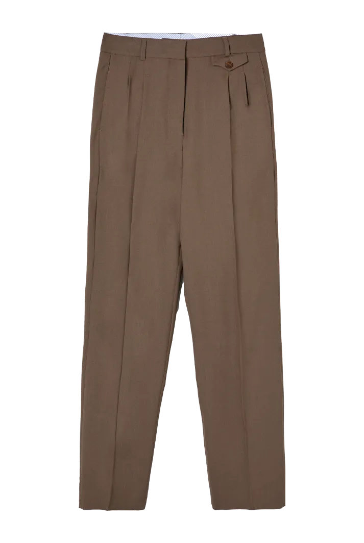 Coffee Pleat Detail Straight-Leg Trousers