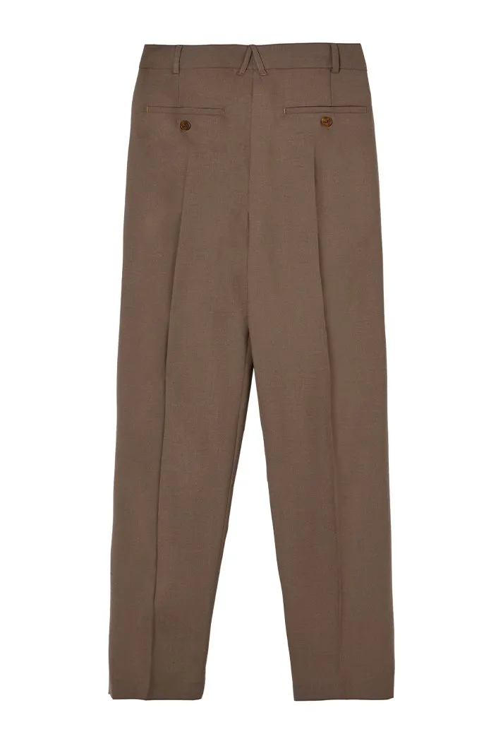 Coffee Pleat Detail Straight-Leg Trousers