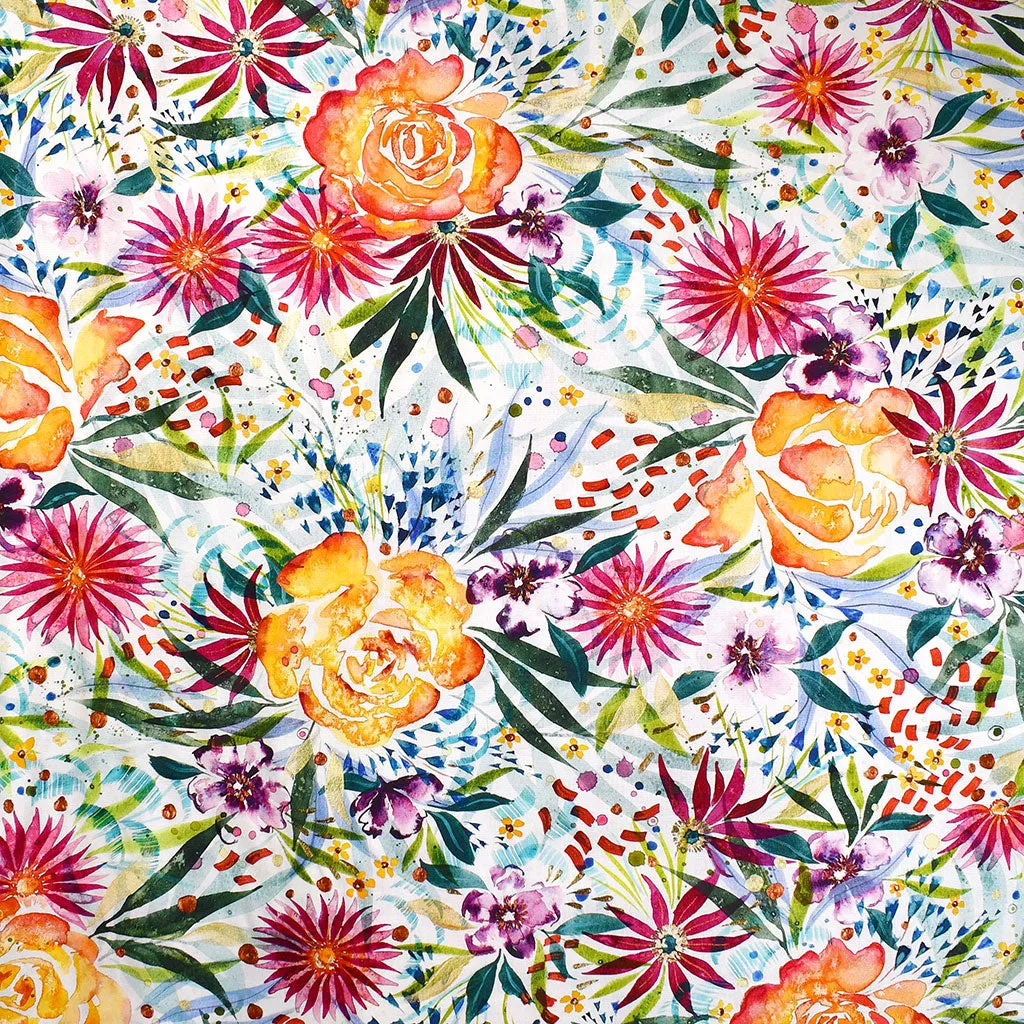 Coming Up Roses Large Garden Floral Digital Print Cotton White/Multi