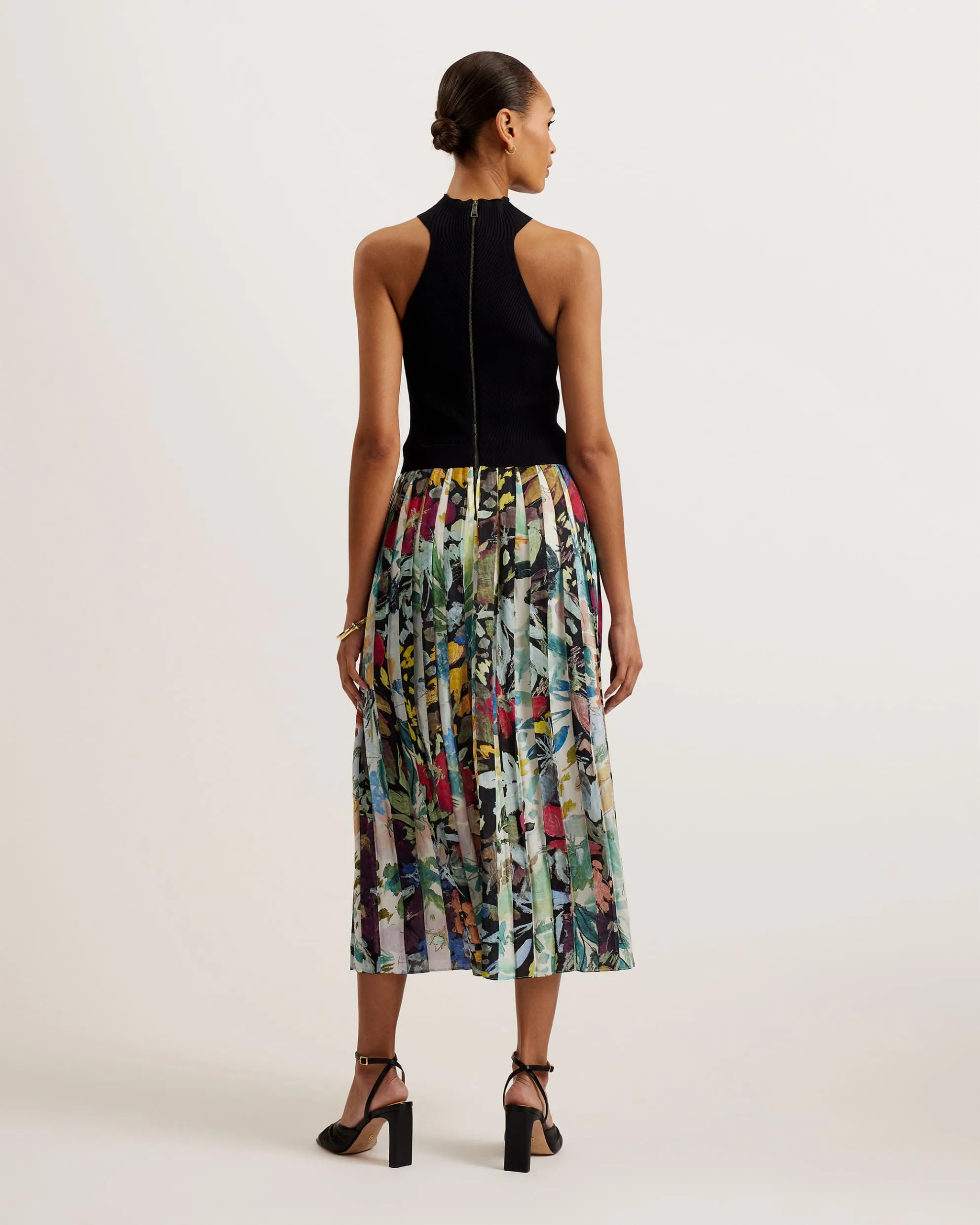 Corino Sleeveless Midi Dress With Floral Pleated Skirt Black