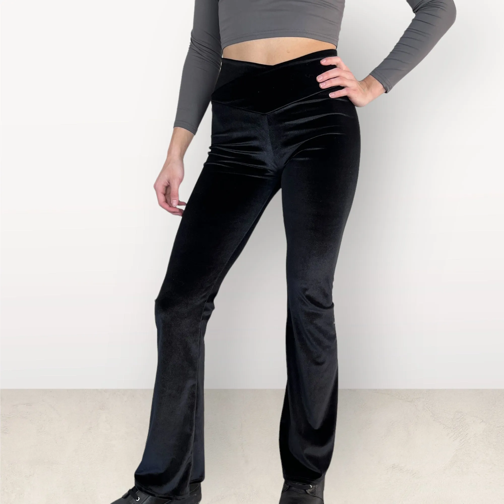 Crossover V-Waist Bootcut Flare Pants - Black Velvet