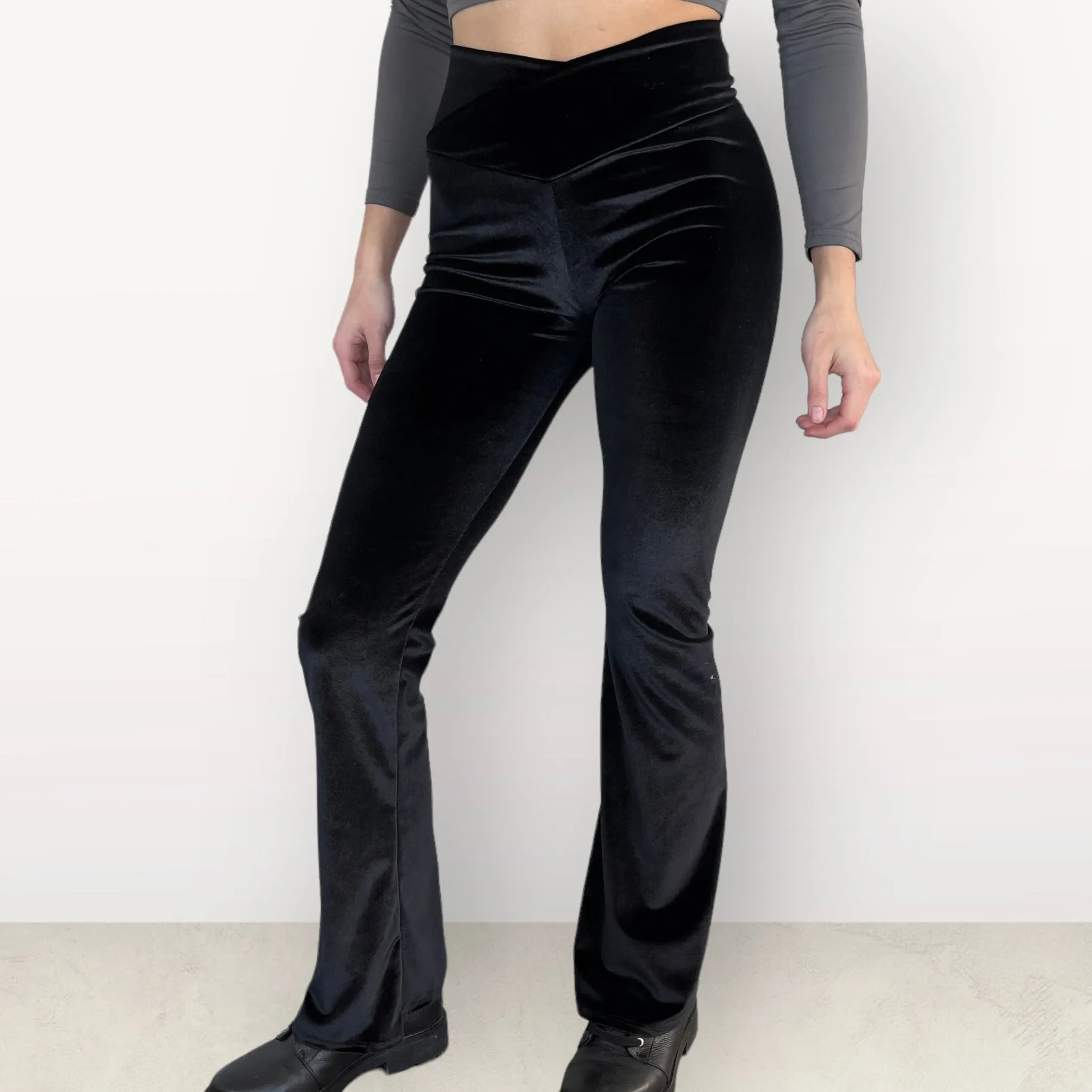 Crossover V-Waist Bootcut Flare Pants - Black Velvet