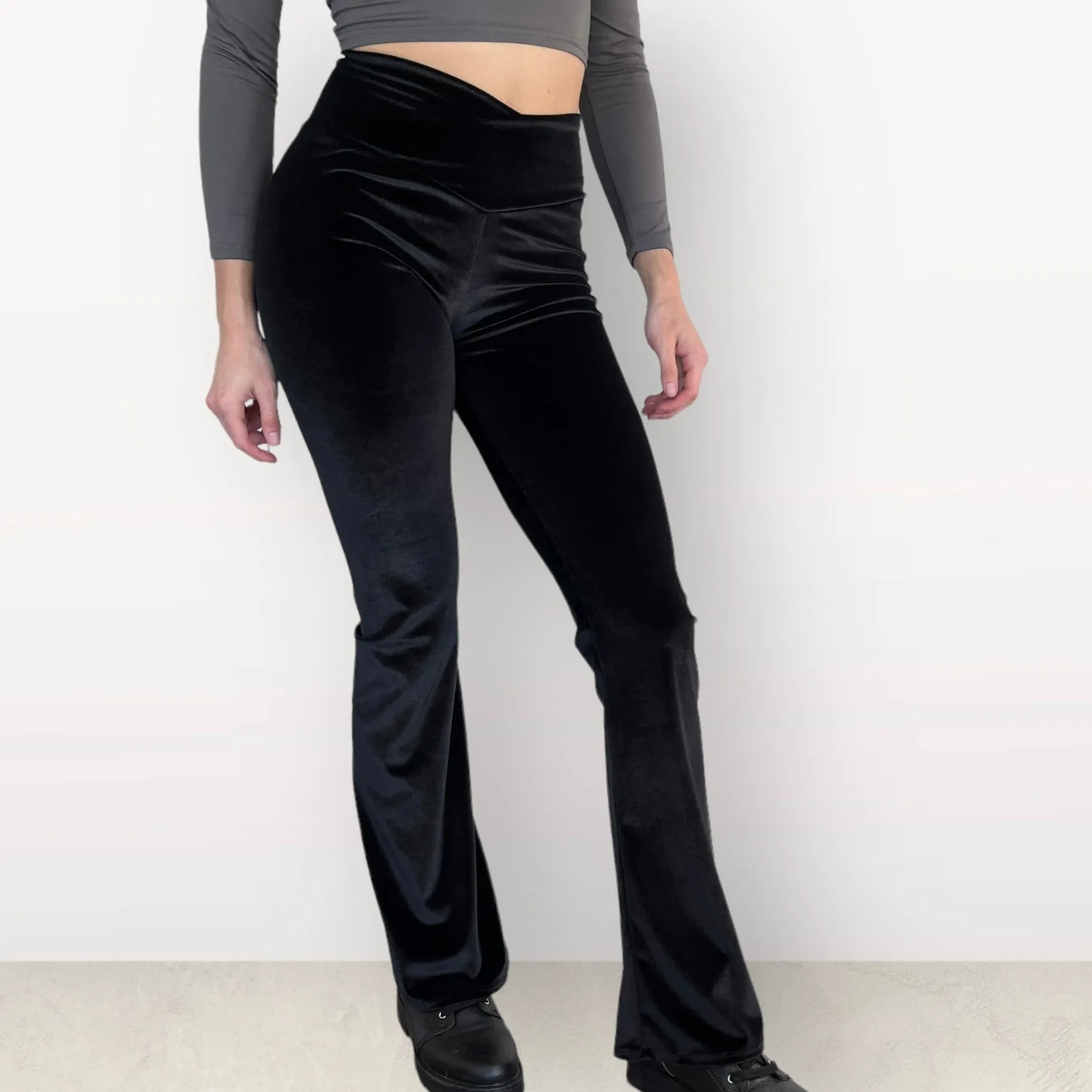 Crossover V-Waist Bootcut Flare Pants - Black Velvet