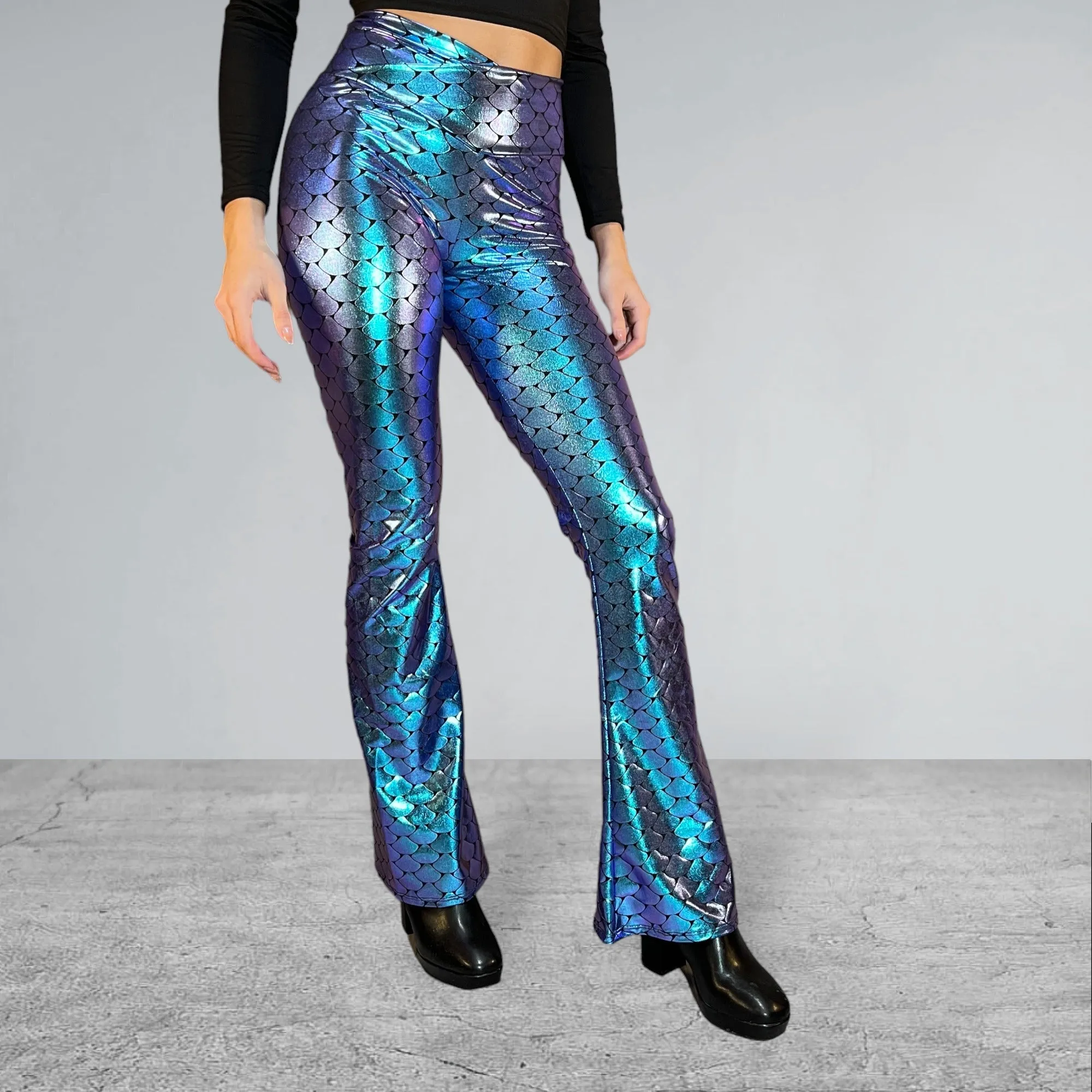 Crossover V-Waist Bootcut Flare Pants - Mermaid Holographic