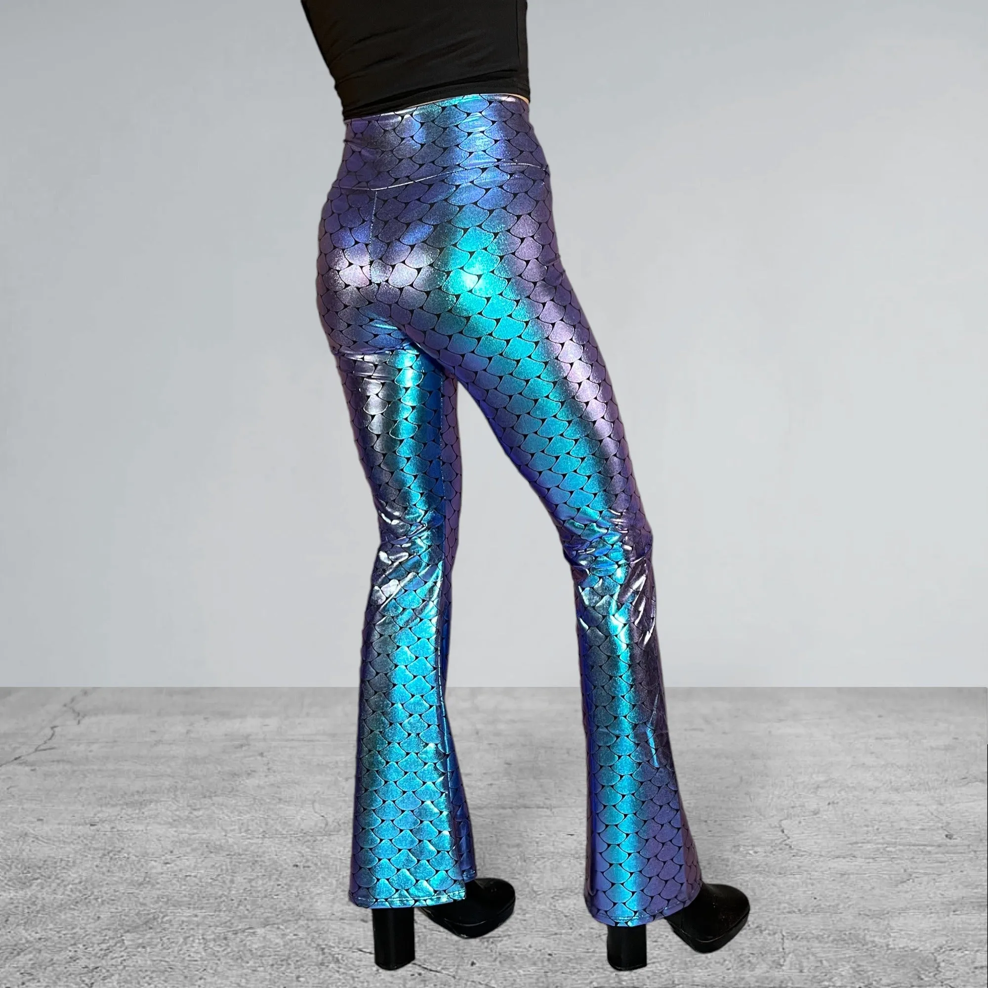 Crossover V-Waist Bootcut Flare Pants - Mermaid Holographic