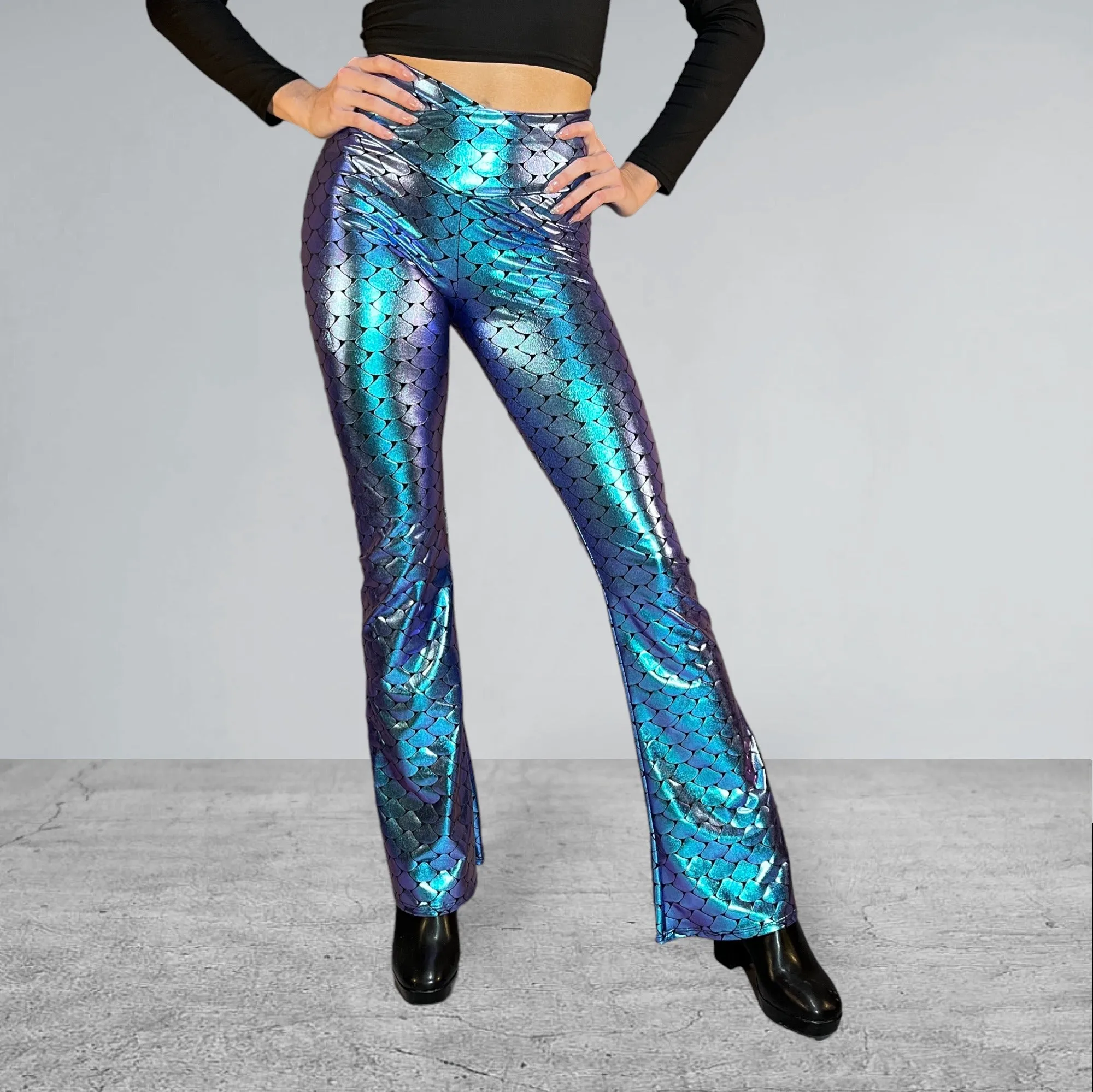 Crossover V-Waist Bootcut Flare Pants - Mermaid Holographic