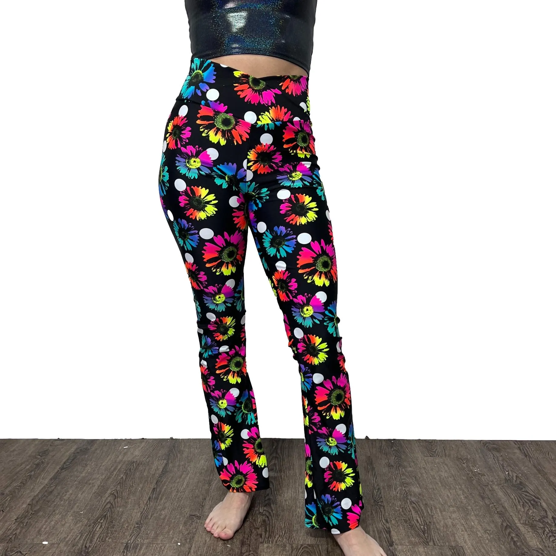 Crossover V-Waist Bootcut Flare Pants - Polka Dot Electric Daisy Print