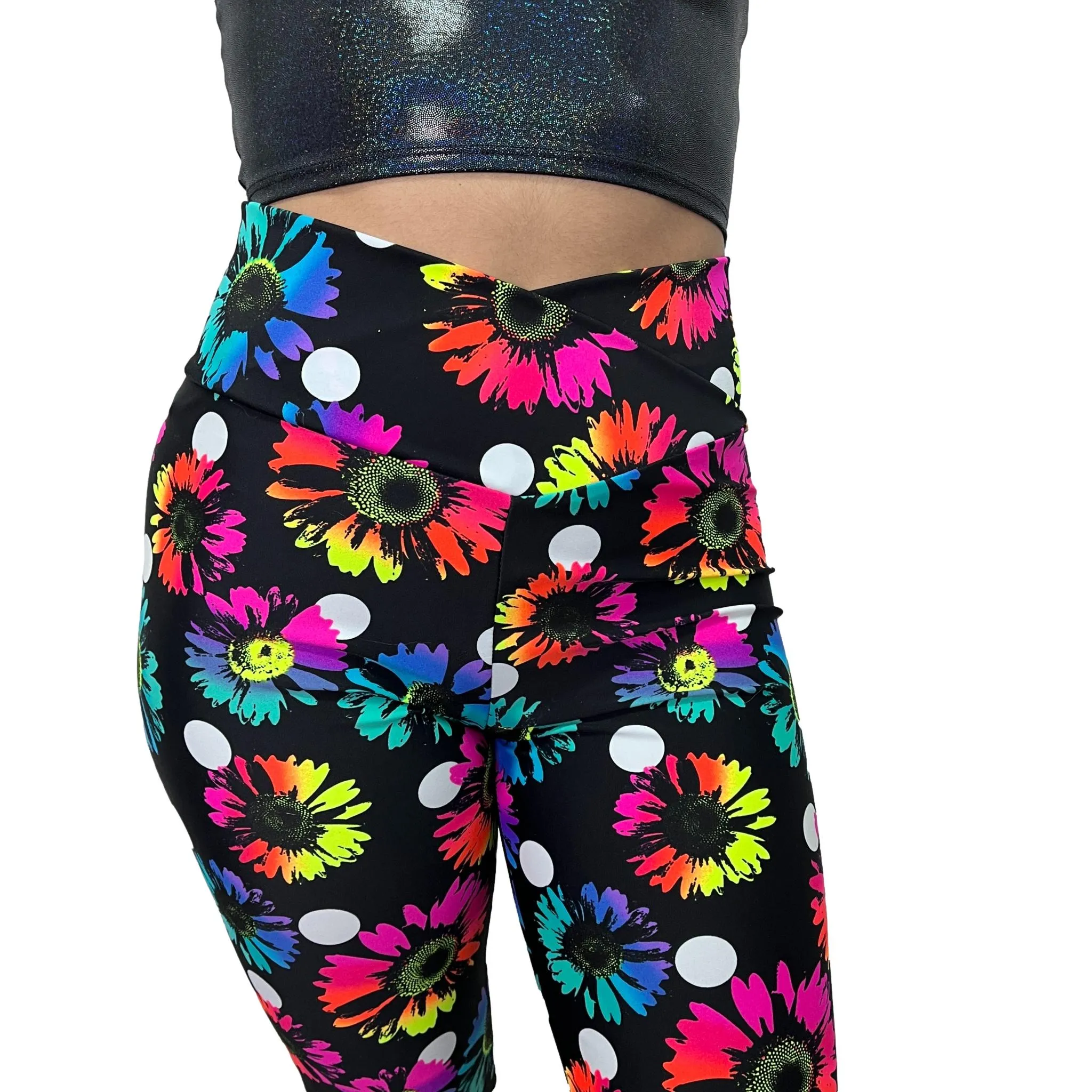 Crossover V-Waist Bootcut Flare Pants - Polka Dot Electric Daisy Print