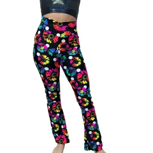 Crossover V-Waist Bootcut Flare Pants - Polka Dot Electric Daisy Print