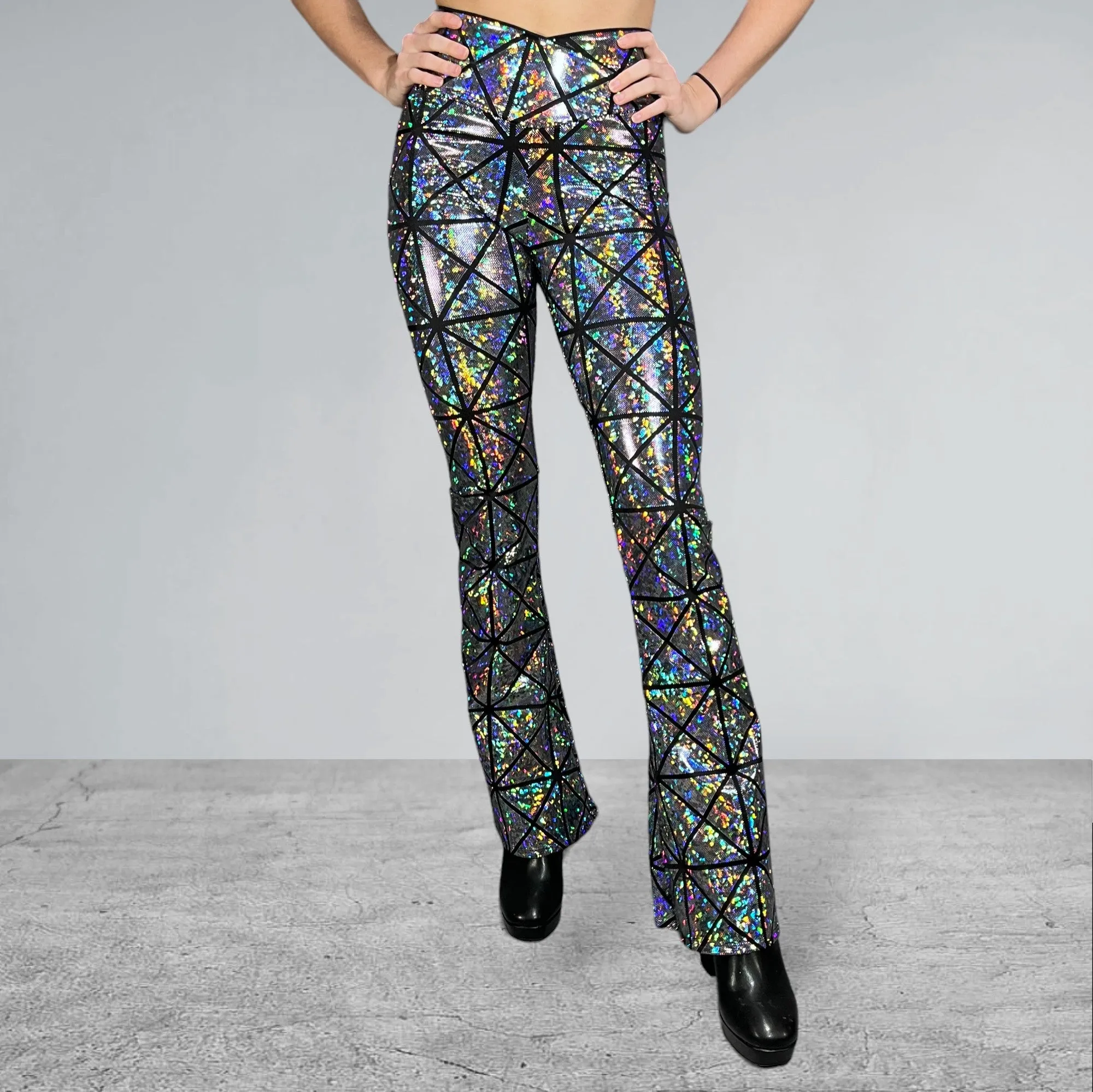 Crossover V-Waist Bootcut Flare Pants - Silver Glass Pane Holographic