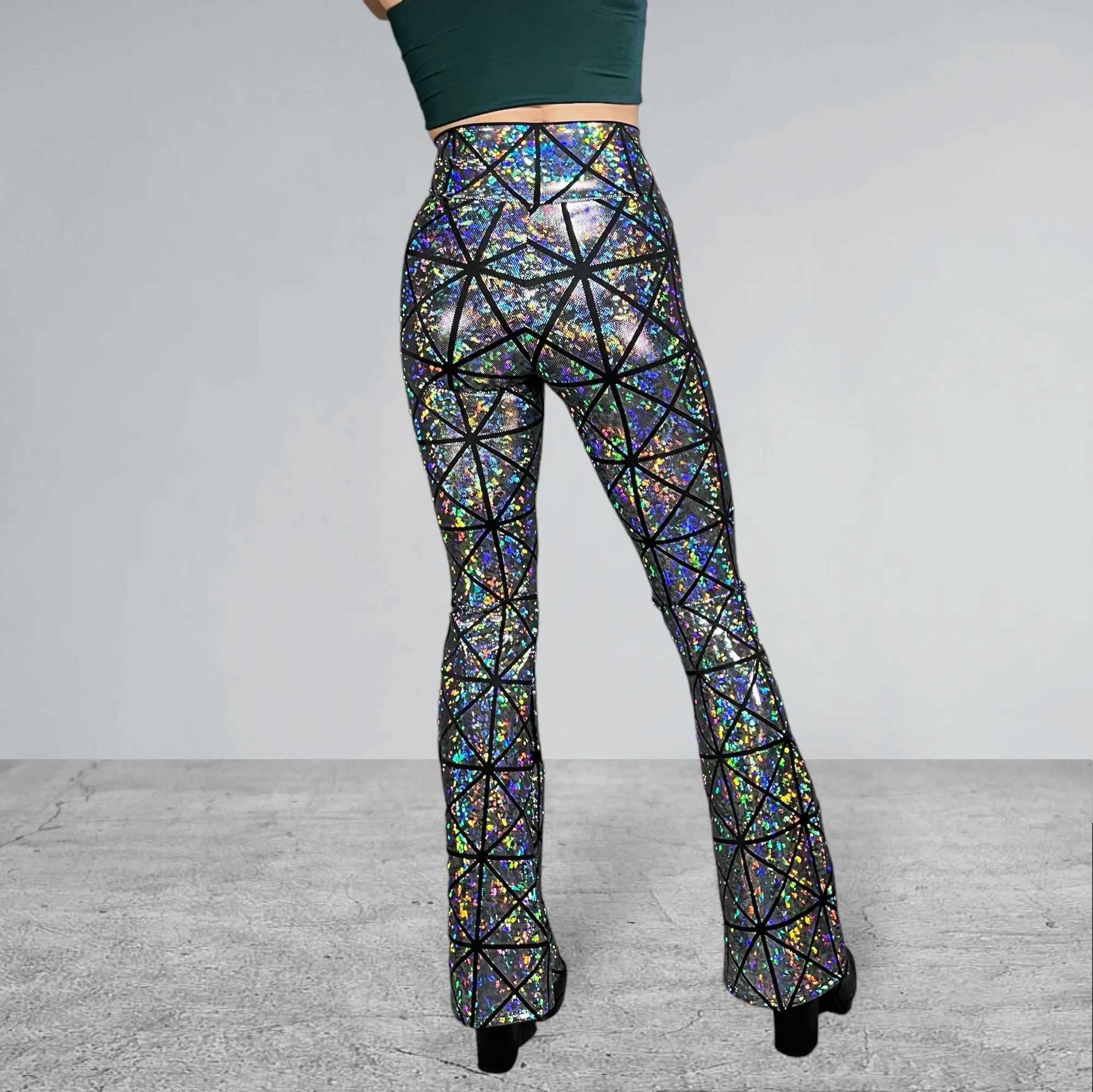 Crossover V-Waist Bootcut Flare Pants - Silver Glass Pane Holographic