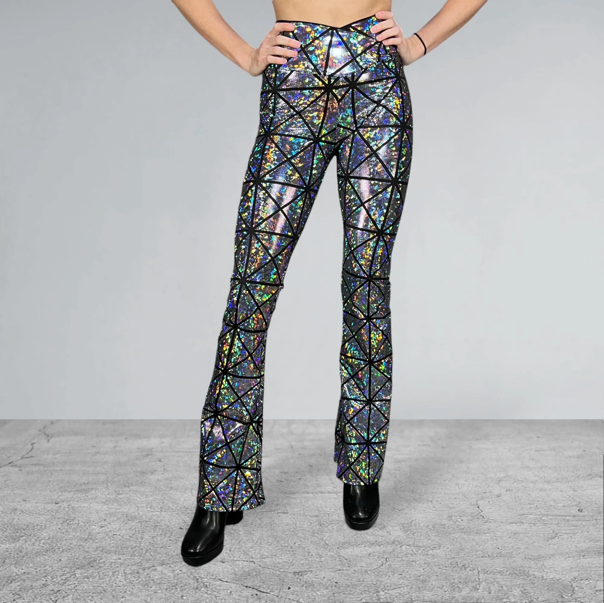 Crossover V-Waist Bootcut Flare Pants - Silver Glass Pane Holographic