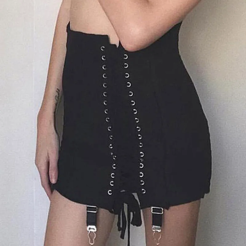 'Crypt' Black Alt Lace Up Skirt