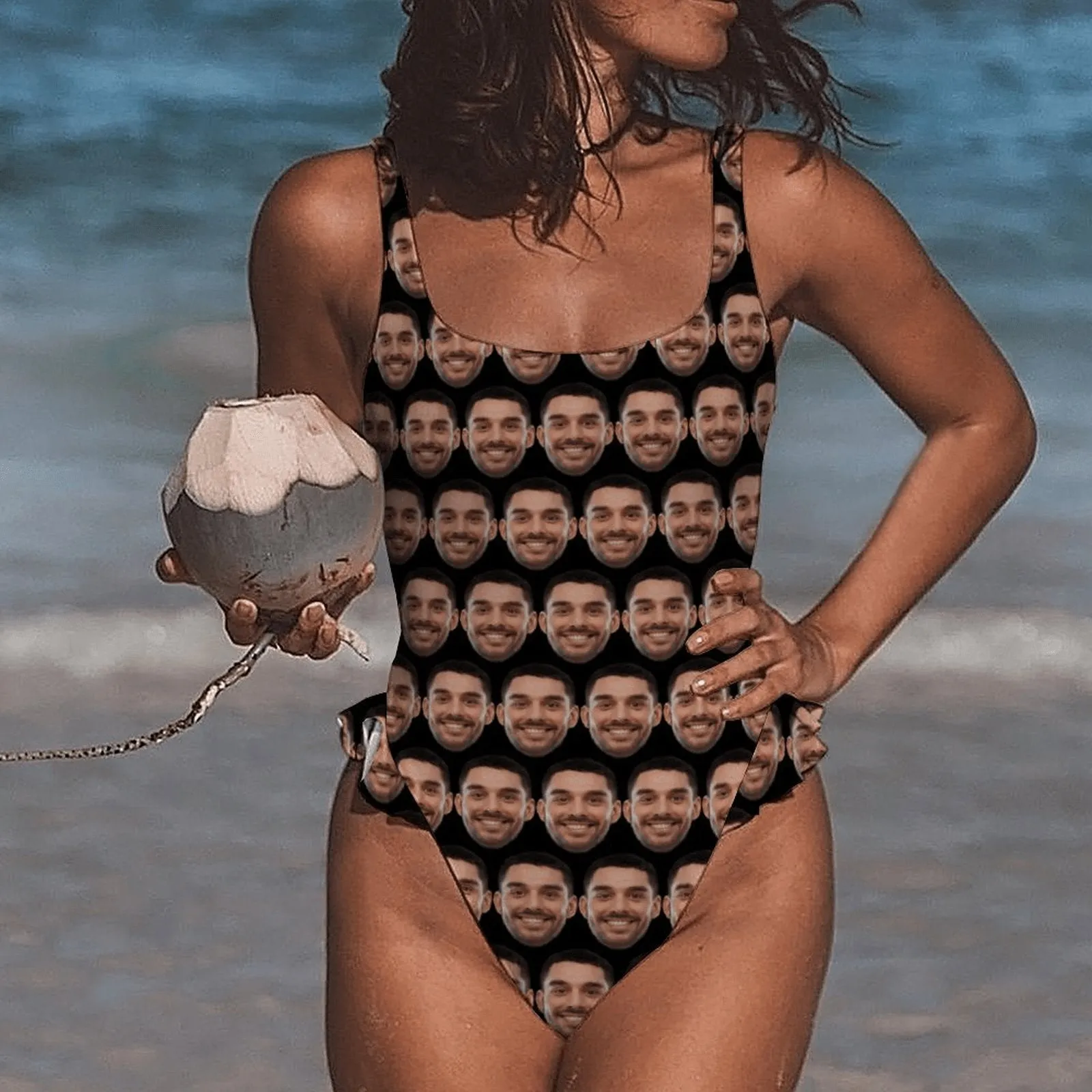 Custom Boyfriend Face Black Swimsuit Personalized Women's Ruffle One Piece Bathing Suit Honeymoons Party Swimsuits