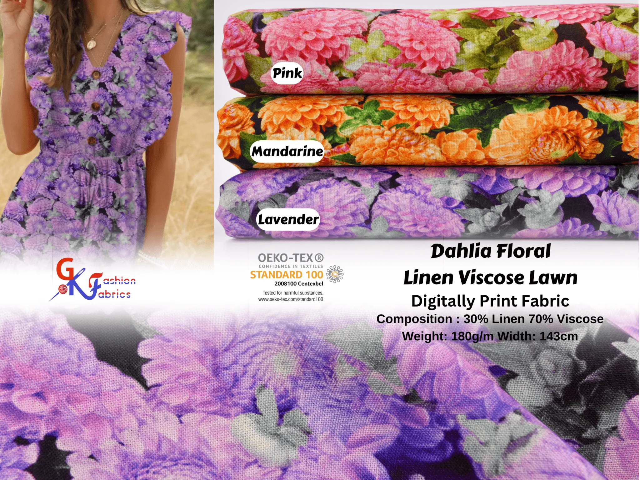 Dahlia Floral Linen Viscose Lawn Digitally Print Fabric - 208716