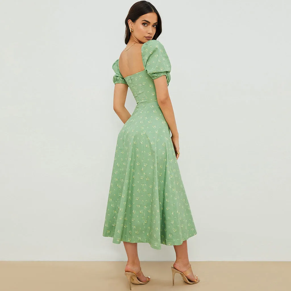 Daisy Printed Puff Sleeve High Slit Smock Maxi Sundress - Sage Green