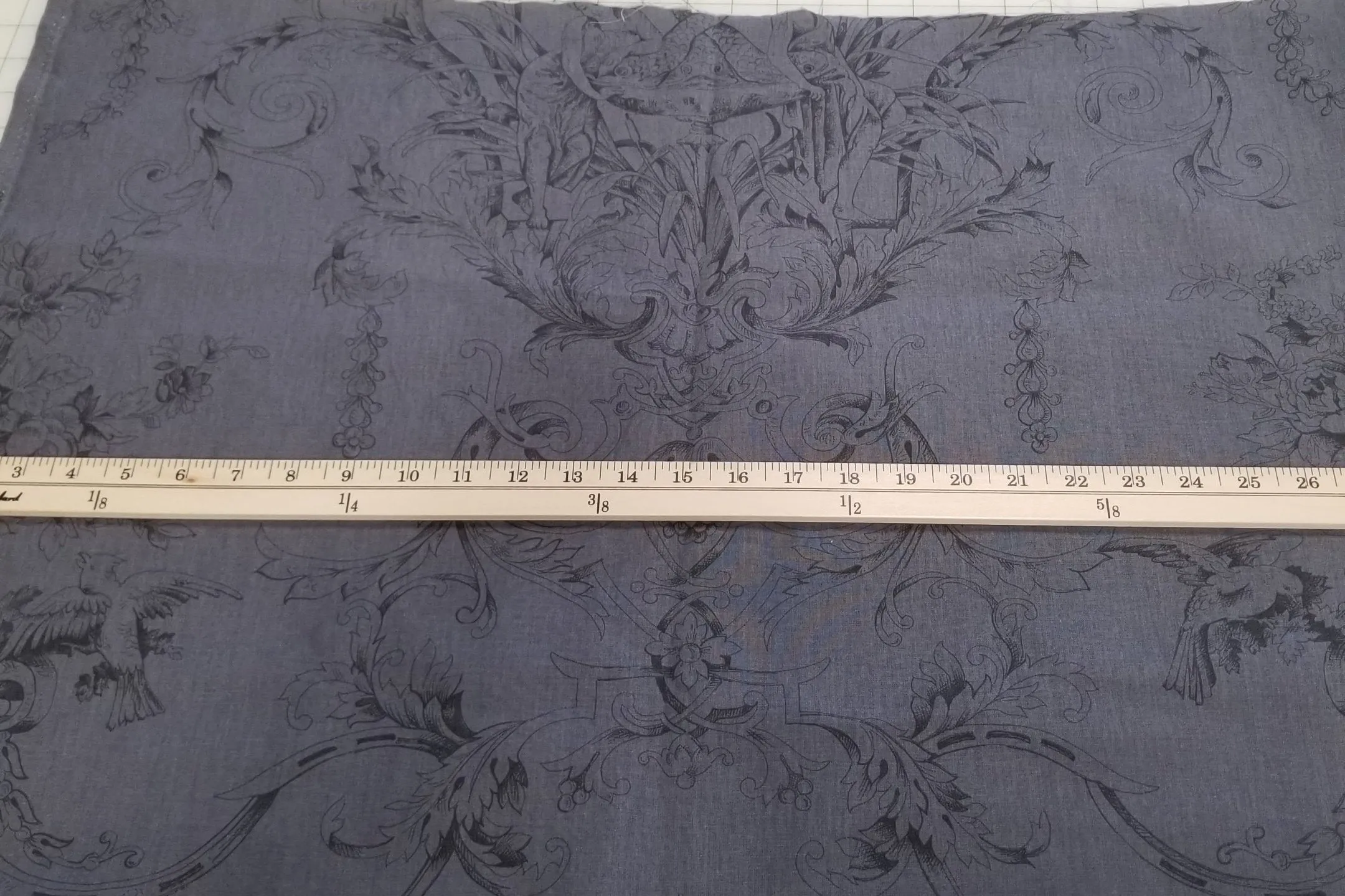 Designer Deadstock European Apparel Cotton Charcoal Floral Bird Motif Woven-by the yard