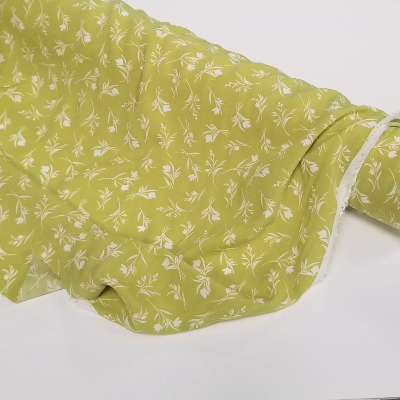 Designer Deadstock Rayon Challis Floral Lime Green and Ivory Woven- by the yard