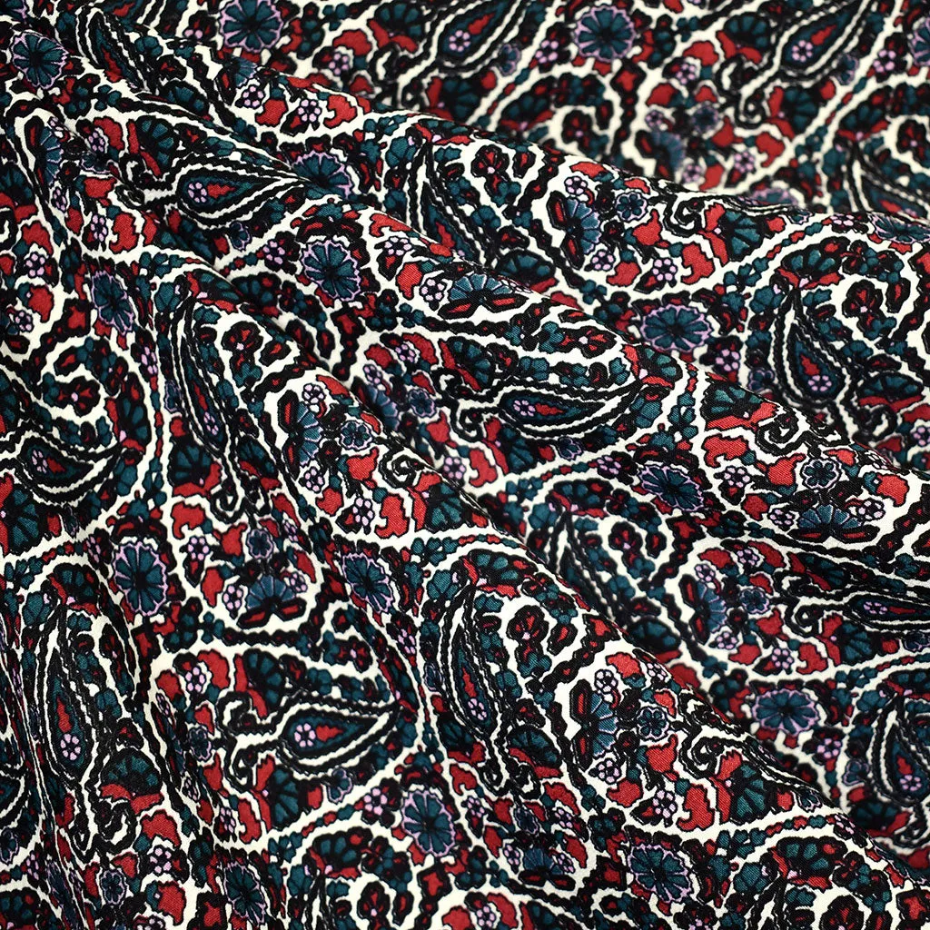 Designer Intricate Paisley Rayon Crepe Evergreen/Cranberry