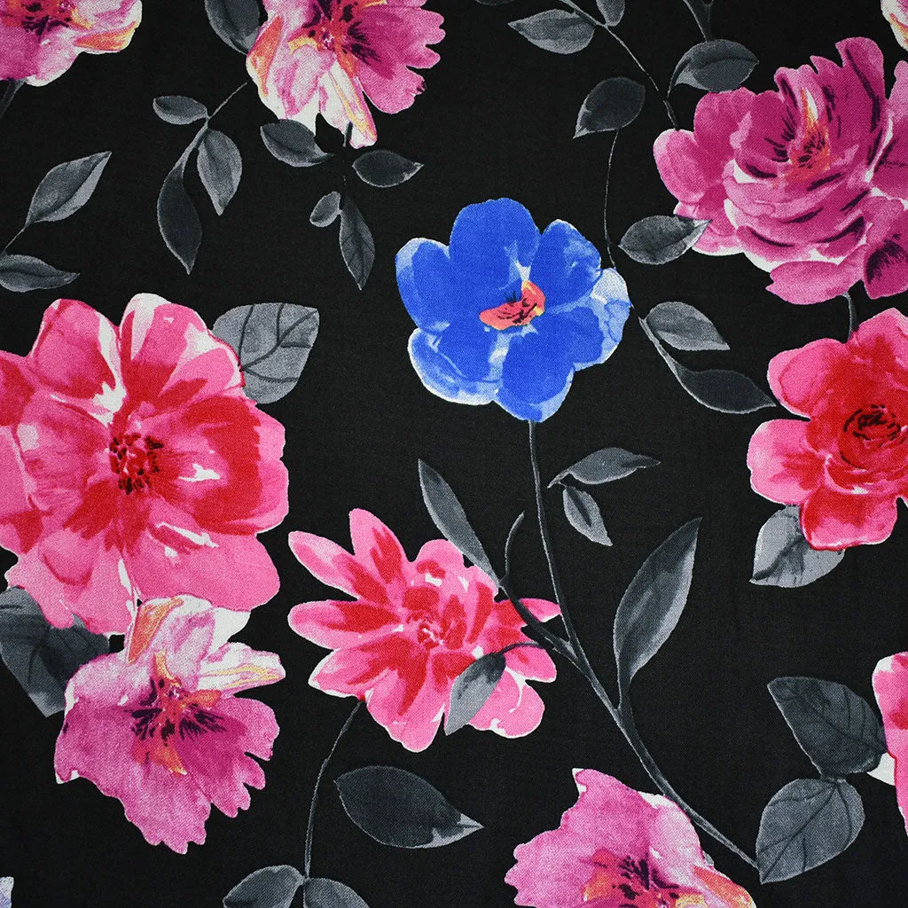 Designer Painterly Vine Floral Rayon Challis Black/Fuchsia