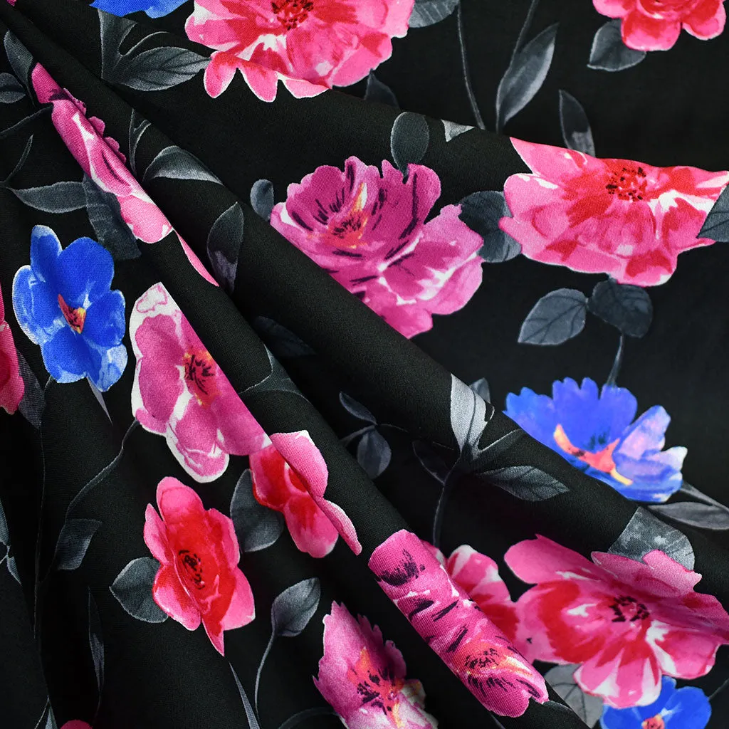 Designer Painterly Vine Floral Rayon Challis Black/Fuchsia