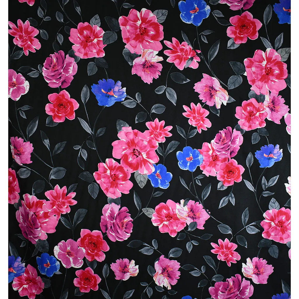 Designer Painterly Vine Floral Rayon Challis Black/Fuchsia