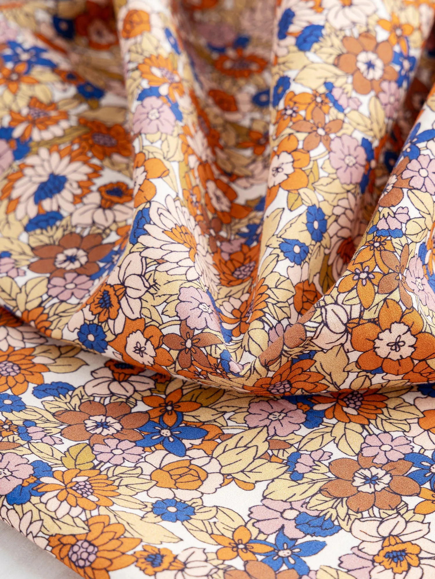 Ditzy Floral Print Cotton Poplin - Cobalt Blue   Orange   Olive - Swatch