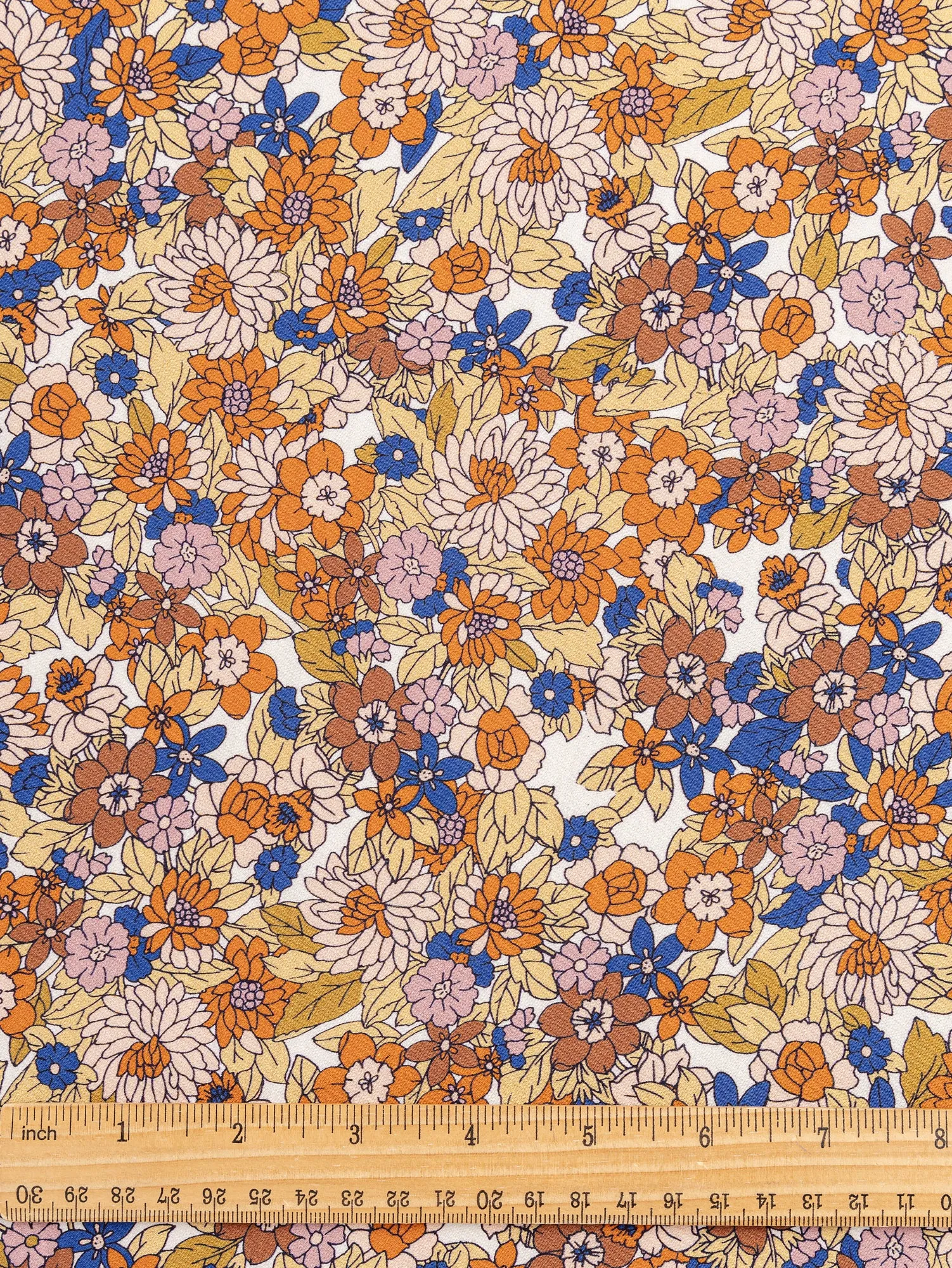 Ditzy Floral Print Cotton Poplin - Cobalt Blue   Orange   Olive - Swatch