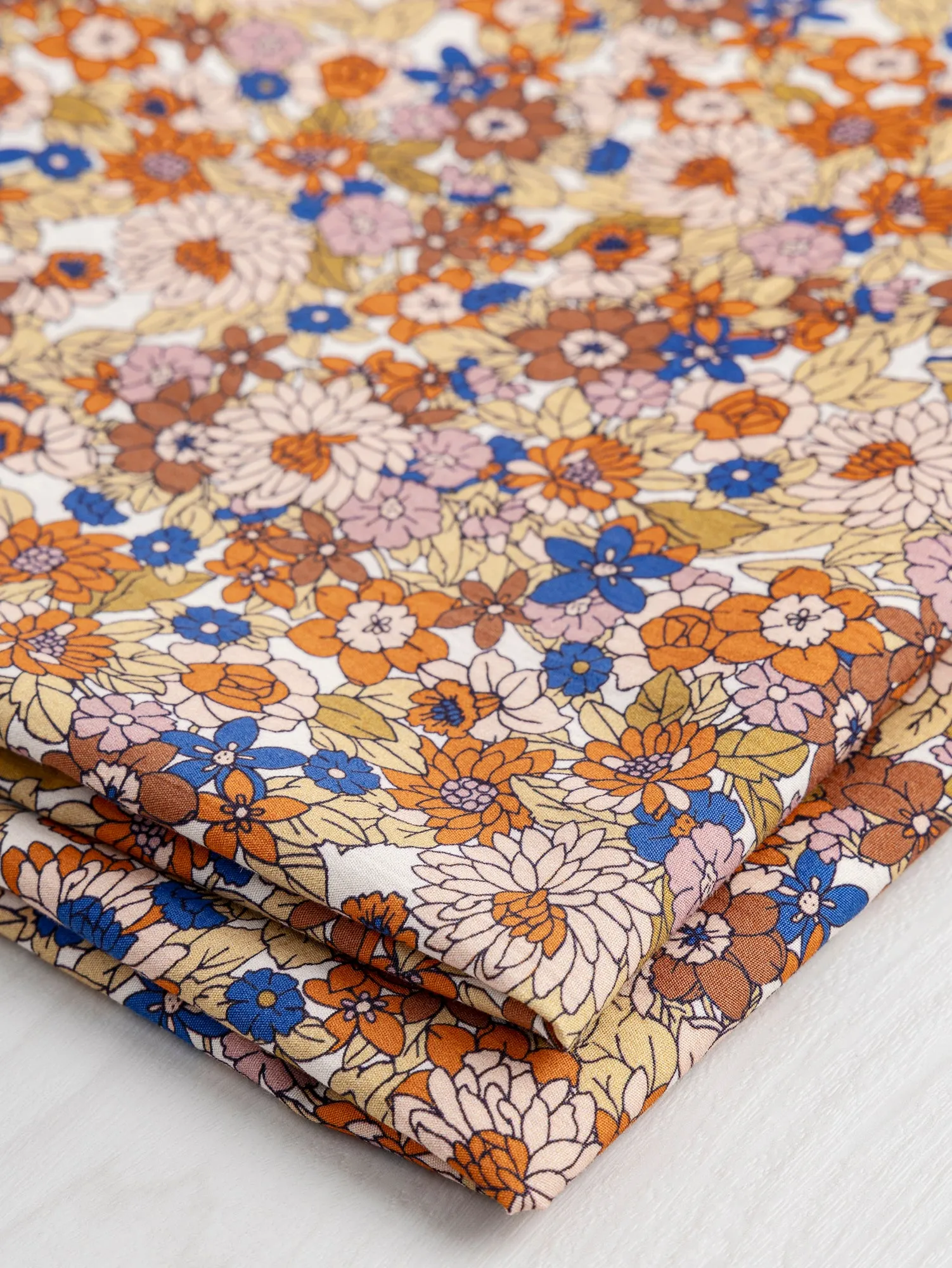 Ditzy Floral Print Cotton Poplin - Cobalt Blue   Orange   Olive - Swatch