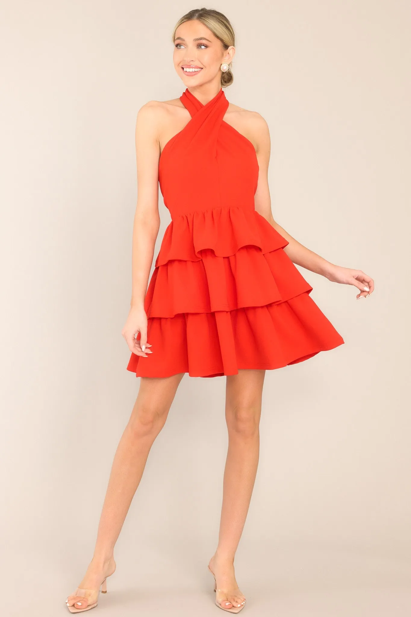 Embracing Change Red Tiered Halter Mini Dress